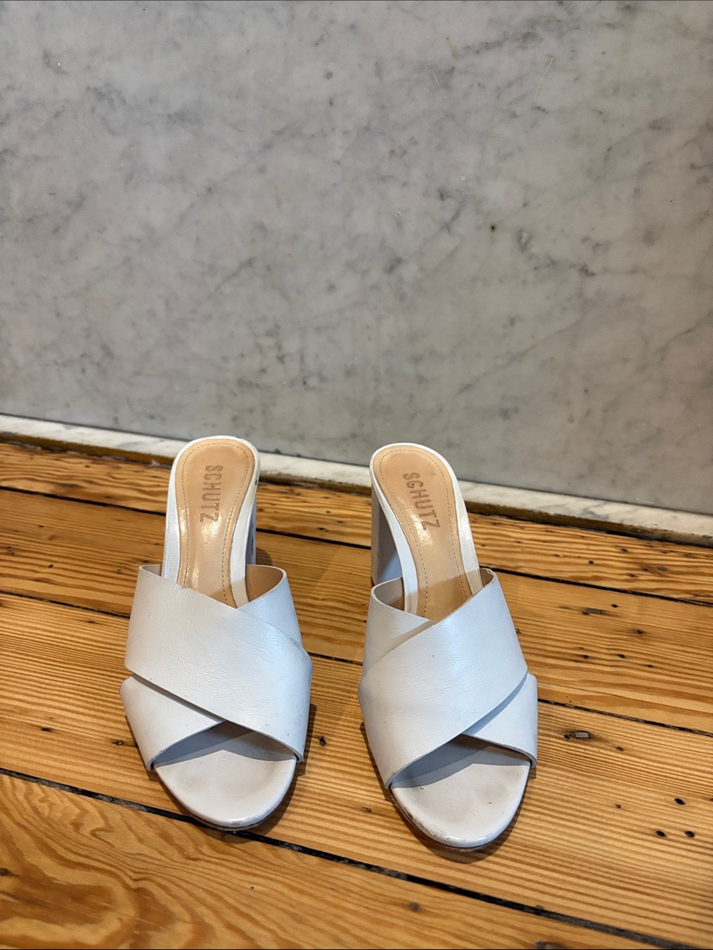 SCHUTZ White Leather Crossover Mule Heels